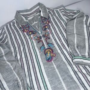 Soft Surroundings Gray Striped Embroidered Tunic